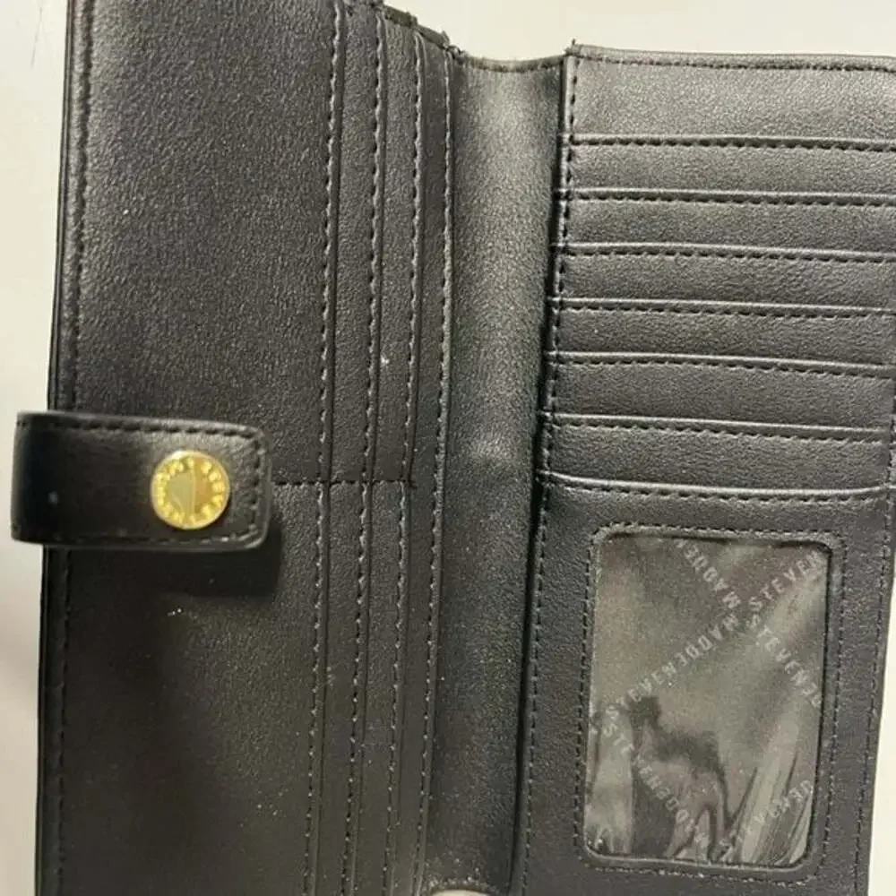 Steve Madden Black Faux Leather Long Wallet with Gold Accents